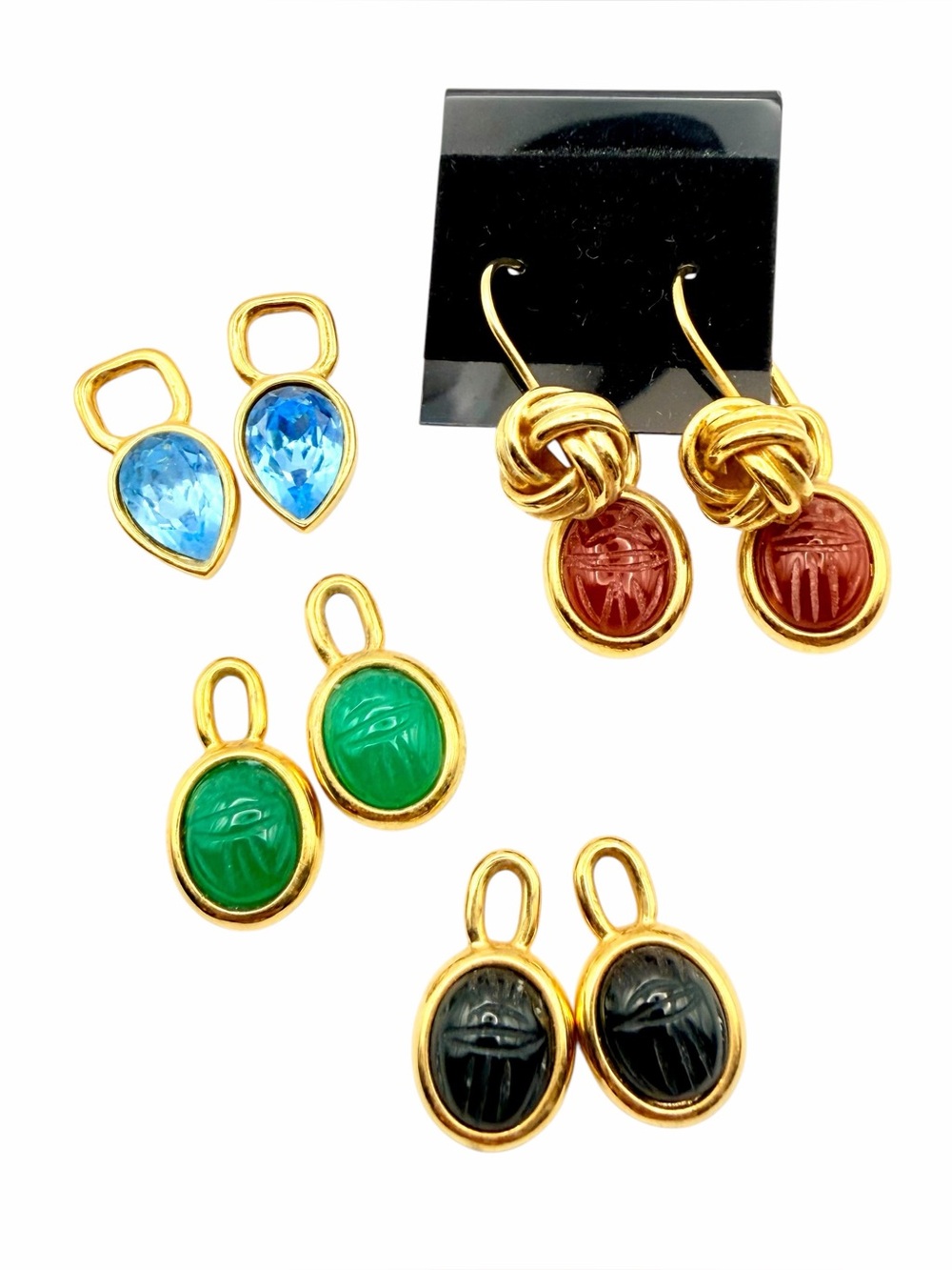 Vintage Egyptian Revival Gold Interchangeable Glass Scarab Knot Dangle Earrings